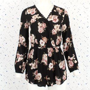 Long Sleeve Floral Surplice Romper Playsuit Black